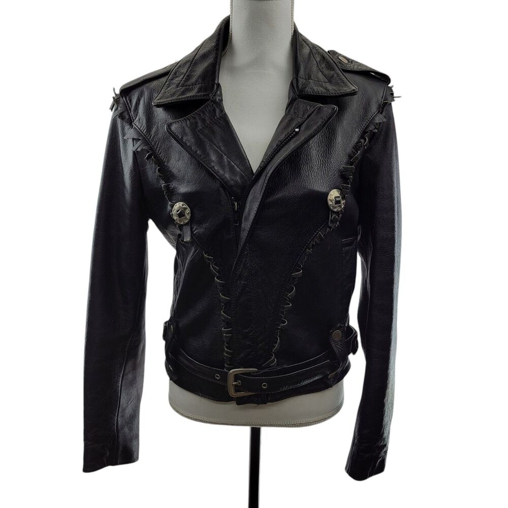 Vintage Motorcycle Jacket Women 6 36 Fringe‎ Black Leather 80's Biker Open Road